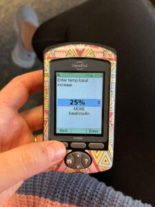 person with diabetes setting an increased temp basal rate on omnipod insulin pump